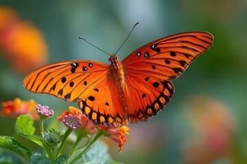 Obraz premium Gulf Fritillary Butterfly: Vibrant Orange Insect with Black Wings Amidst Lush Green Nature and Colorful Flowers in Stunning Close-Up