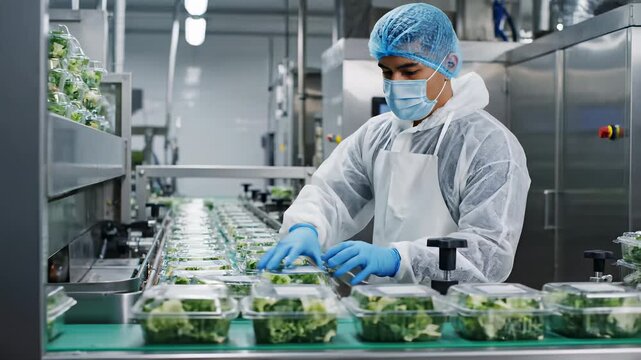 A worker in white coat and blue gloves diligently performs manual tasks on busy conveyor belt, capturing the importance of repetition and consistency in various industries.