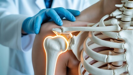 Doctor examining a glowing shoulder joint with skeleton model