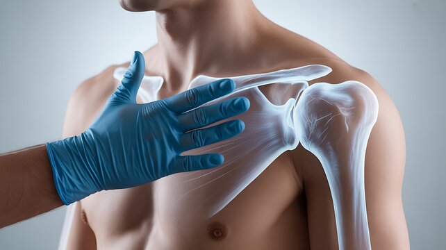 Doctor examining a glowing shoulder joint with a gloved hand