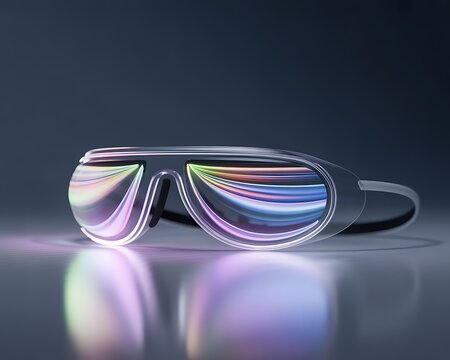 Futuristic augmented reality glasses with colorful light reflections