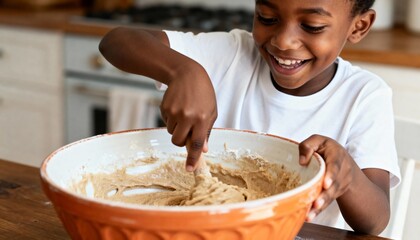 Black child stirring batter in ceramic bowl with spoon in warm afternoon light and happy, hands-on 