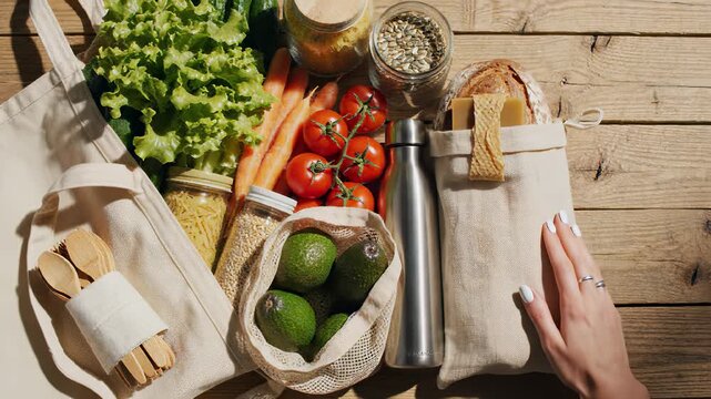 Vegetables, bread, and juice on a table, emphasizing the concept of waste reduction through zero waste living, perfect for backgrounds in cooking shows or advertisements highlighting sustainable.