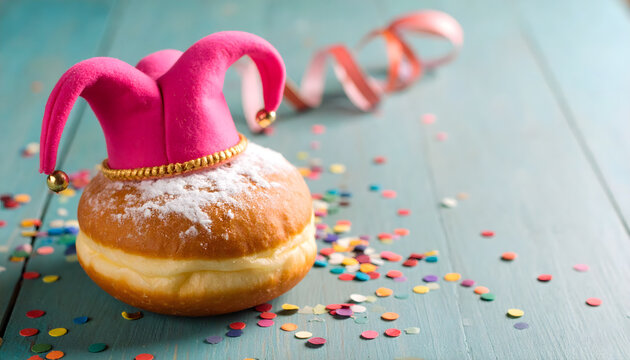 berliner, krapfen, karneval, k&ouml;ln, k&ouml;lle, hut, essen, narrenhut, narr, narren, konfetti, luftschlangen, party, banner, karte, tisch, holz, holztisch, copy, space, close-up, pink, t&uuml;rkis, mit, macro