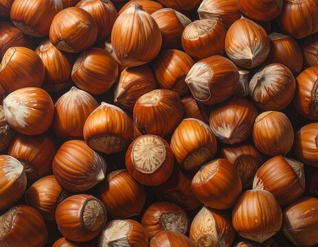 A close-up view presents a pile of rounded, brown nuts with a variety of textures and some showing cracked shells