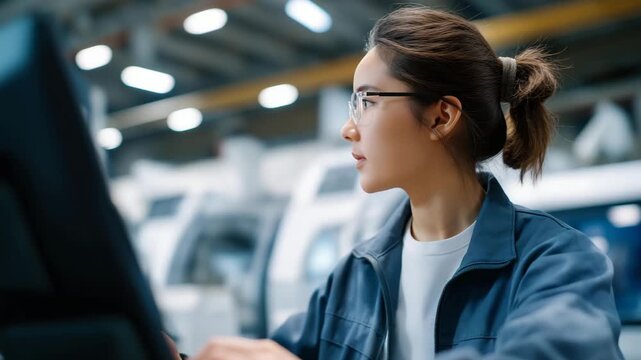 Technicians monitoring multiple CNC machines producing automotive components, emotion of analytical focus and professionalism visible, representing automated machining, advanced manufacturing