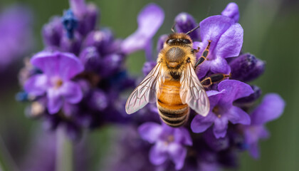 Honeybee foraging for nectar on vibrant lavender