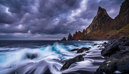 Dramatic ocean waves crash on rocky coastline