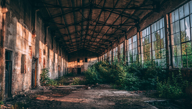 Abandoned industrial building reclaimed by nature
