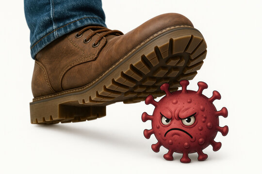 The shoe crushes the virus, symbolizing victory over the disease.