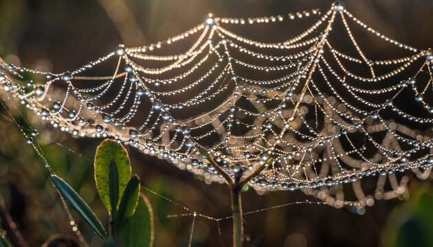 Delicate spiderweb glistening with morning dew drops
