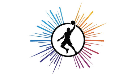 Dynamic graphic illustration of a basketball player silhouette performing a dunk, surrounded by colorful radial lines emanating from a central circle.