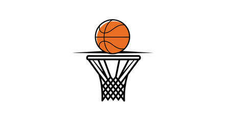 A simple graphic illustration of an orange basketball resting on the rim of a hoop and net.