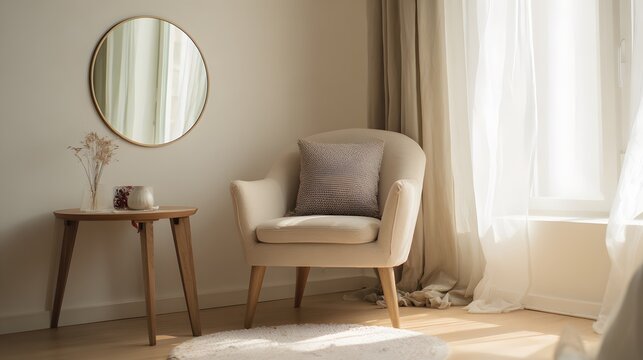 Cozy beige armchair creates a serene interior scene of calm minimal sophistication and gentle light