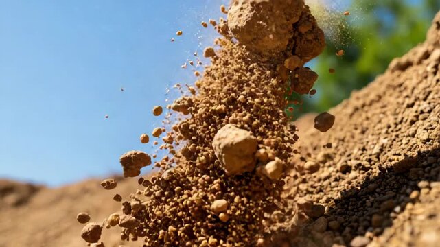 Falling dirt clods scatter against a blue sky and green foliage backdrop