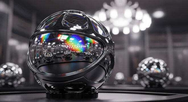 Intricate metallic sphere reflects a vibrant rainbow cityscape, creating a surreal and captivating visual, ideal for modern design and technological concepts