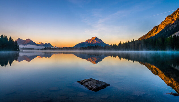 Mountains reflected on tranquil lake at sunrise