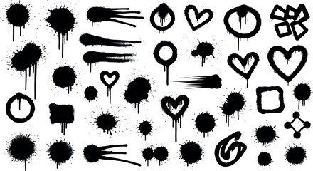 Collection of black spray paint splatter and drip elements for graffiti art and design