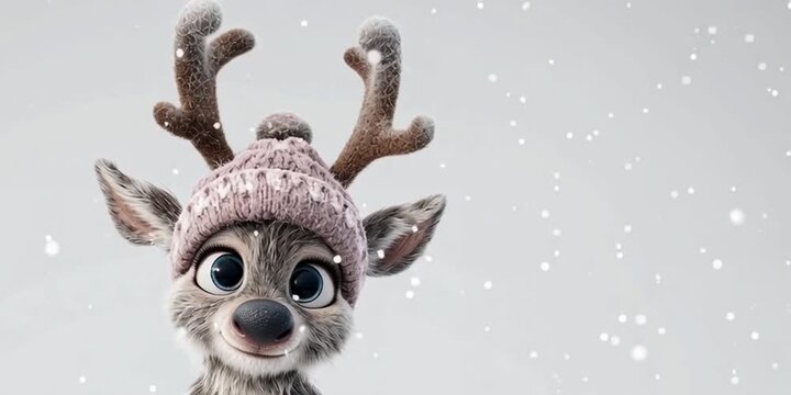 Adorable 3D illustration of a cute kawaii reindeer wearing a knitted Santa hat, with big expressive eyes and fluffy fur. Perfect for Christmas cards, holiday stickers and  festive designs.