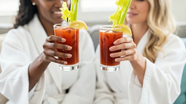 Two women in bathrobes toasting with bloody mary cocktails with celery