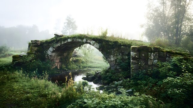 Forgotten stone bridge evokes nostalgic rural beauty in misty morning light landscape
