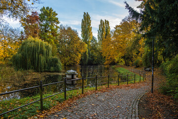 An autumnal park with a cobblestone path, colorful foliage, a pond, and willow trees under a blue sky, creating a tranquil natural atmosphere