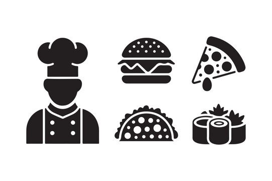 Chef and assorted food icons representing diverse cuisine