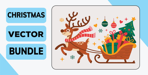 Christmas Reindeer Pulling Sleigh with Gifts Vector Illustration