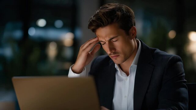 Business professional receiving a sudden ransomware warning, showing concern and stress, symbolizing corporate cybersecurity challenges, threat detection, and emergency IT protocols. cinematic