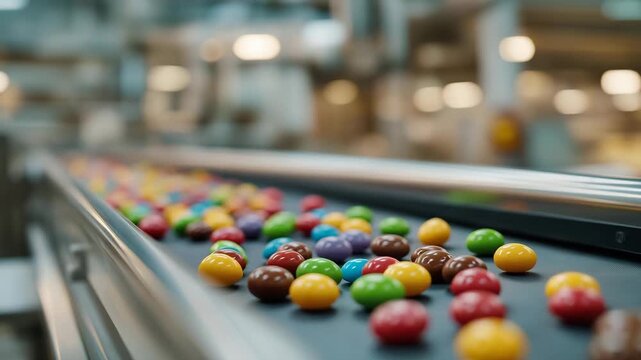 Close-up of conveyor belt carrying colorful candies in a confectionery plant, emotion of precision and efficiency visible, representing large-scale candy manufacturing, quality assurance, and