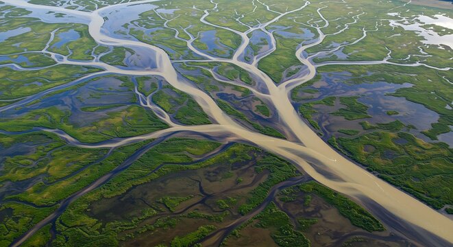 Stunning aerial view showcases a winding river delta carving through vibrant green marshlands, revealing intricate natural patterns and serene beauty