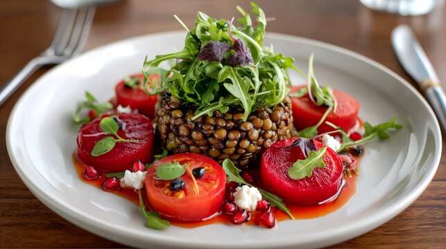 Lentil salad with beets, tomatoes, and arugula