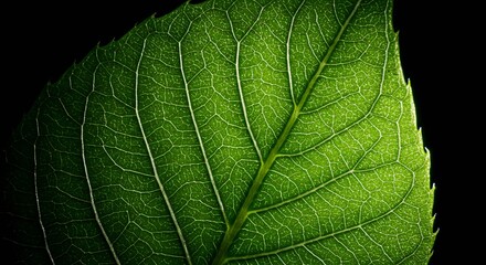 Obraz premium Macro view of a vibrant green leaf's intricate vein structure illuminated by backlight against a deep black background, showcasing nature's stunning detail