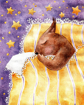 Cute watercolor squirrel sleeping under a lace blanket with stars in the background. Dreamy cozy illustration for kids design and prints.