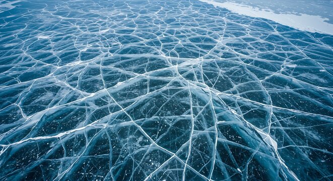 Stunning abstract patterns of frozen water surface with intricate ice cracks creating a mesmerizing natural texture