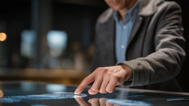 Detective examining holographic evidence table with digital fingerprints and object scans, symbolizing interactive investigation, AI data mapping, and smart forensic visualization. cinematic color