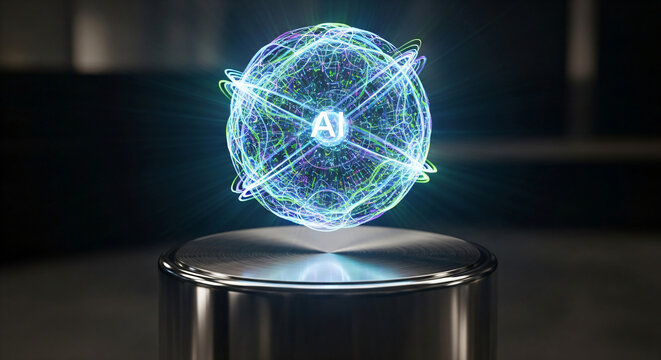 Dynamic glowing AI orb represents future technology and innovation, symbolizing intelligence and digital evolution with vibrant energy pathways.