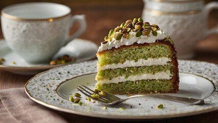 Slice of pistachio layer cake with cream frosting and nuts on elegant table setting