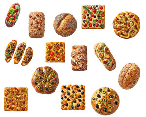 Assorted focaccia and artisan bread with olive tomato nut and herb toppings isolated on transparent background for bakery design and food concept