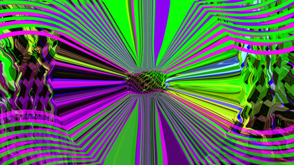 Bright fluid neon light background. Abstract liquid green purple pink wave. Glitch Art trippy digital screen. Backdrop. banner. Template. Radial line. Deep Tech card. geometric texture. Energy. Circle