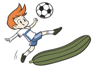 Cartoon boy kicking a soccer ball with a zucchini isolated on transparent background