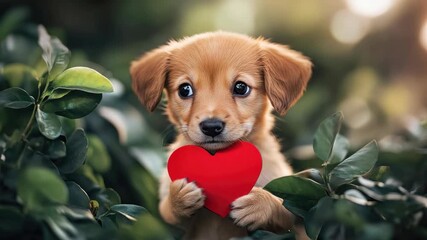 Cute Puppy Holding Heart in Nature - Powered by Adobe