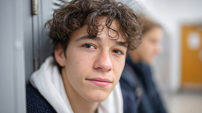 Distressed teenager leaning against school locker - emotional awareness and mental health support
