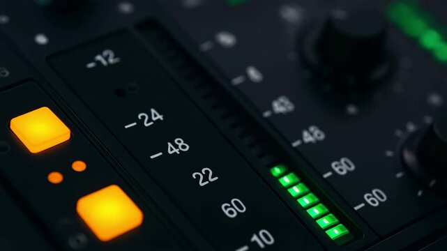 Audio mixing console with LED level indicators, professional sound engineering and music production equipment