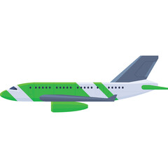 Passenger Jet Airplane Side View With Green Accents On White Fuselage Flying In Clear Sky With Gray Tail And Engine Details
