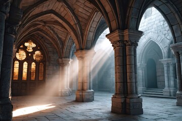 Ancient gothic hall with light rays illuminating interior