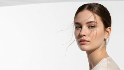 Close-up beauty portrait of young woman with natural makeup on white background