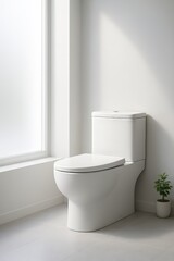 Contemporary toilet in bright minimalist bathroom with window and potted plant
