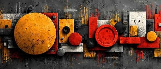 Bold, abstract gears and spheres pop with vibrant reds and oranges against a dark, textured backdrop. The design evokes energy, industry, and modern artistic flair.