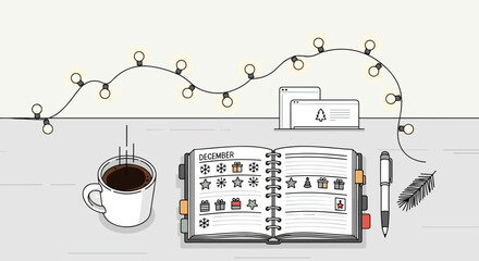 Cozy workspace with a planner for December, coffee cup, and fairy lights, holiday preparation ambiance, on light background